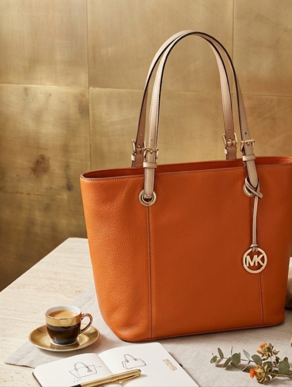 Michael Kors Orange Leather Tote Bag with Logo Charm-slight Damage